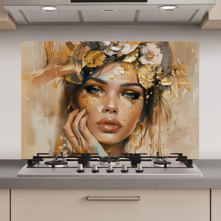 Vrouw - Bloemen  - Goud - Portret keuken achterwand spatscherm klein -3d_website
