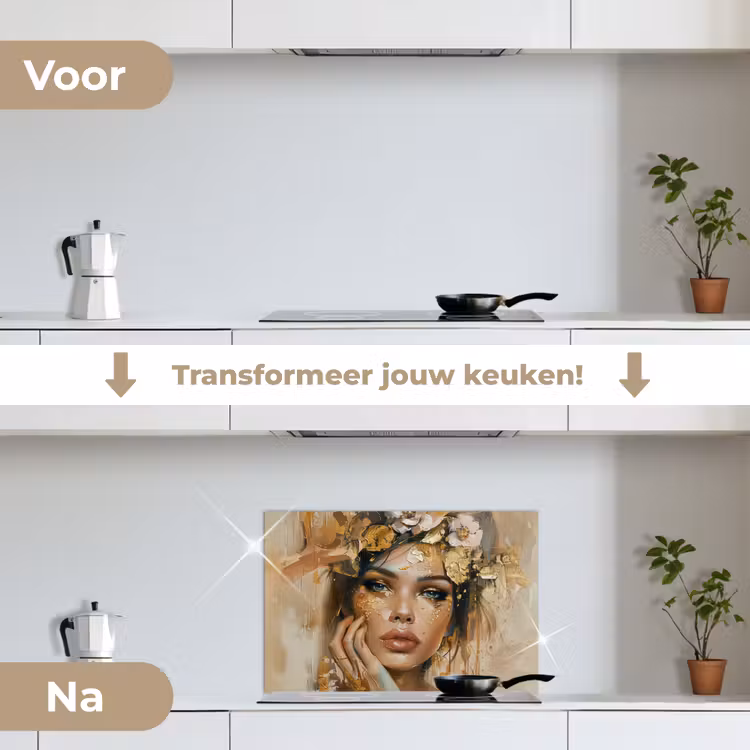 Vrouw - Bloemen  - Goud - Portret keuken achterwand spatscherm klein -voor_na_NL