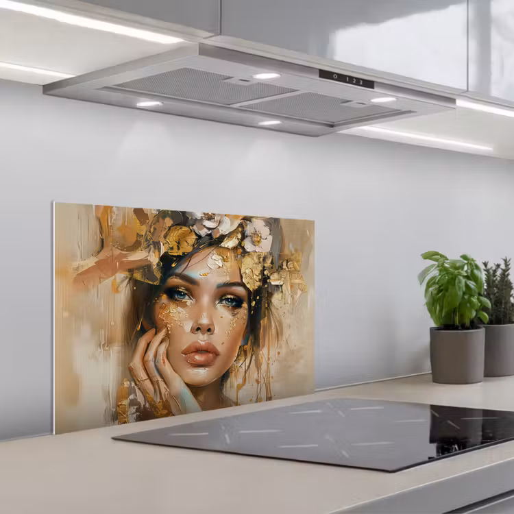 Vrouw - Bloemen  - Goud - Portret keuken achterwand spatscherm klein -3d_schuin