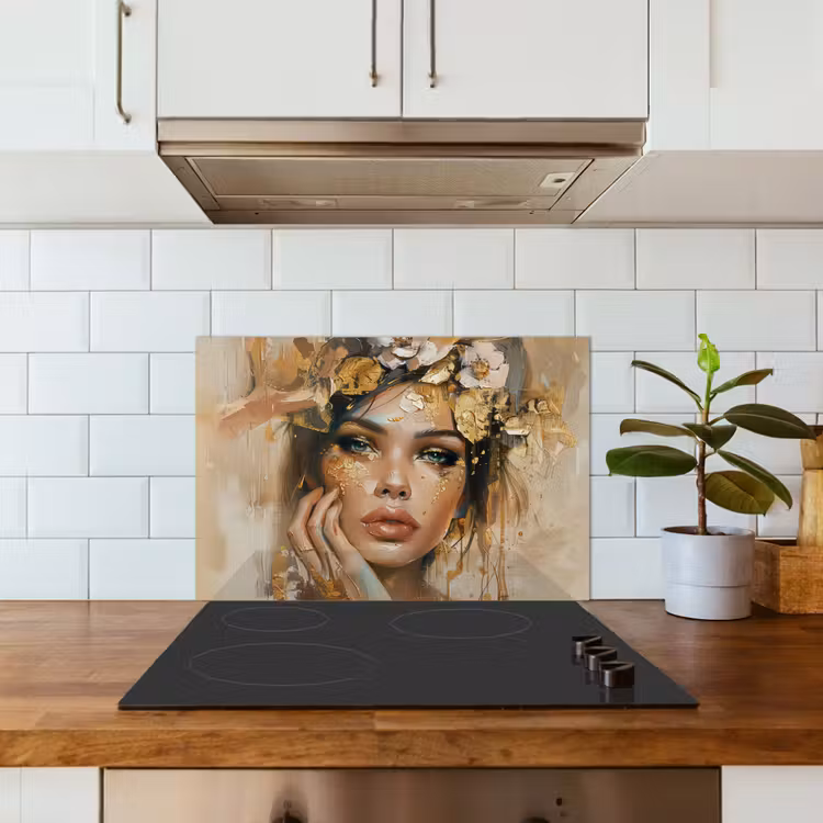 Vrouw - Bloemen  - Goud - Portret keuken achterwand spatscherm klein -sfeer2