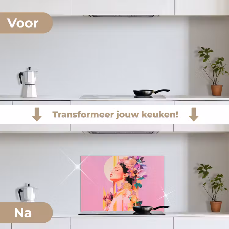 Vrouw - Bloemen - Paars - Abstract keuken achterwand spatscherm klein -voor_na_NL