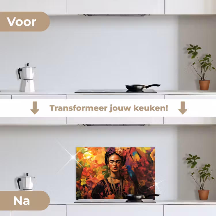 Vrouw - Bloemen - Papegaai - Schilderachtig keuken achterwand spatscherm klein -voor_na_NL