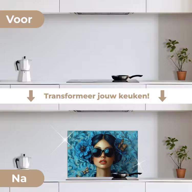 Vrouw - Bloemen - Vlinders - Blauw - Abstract keuken achterwand spatscherm klein -voor_na_NL