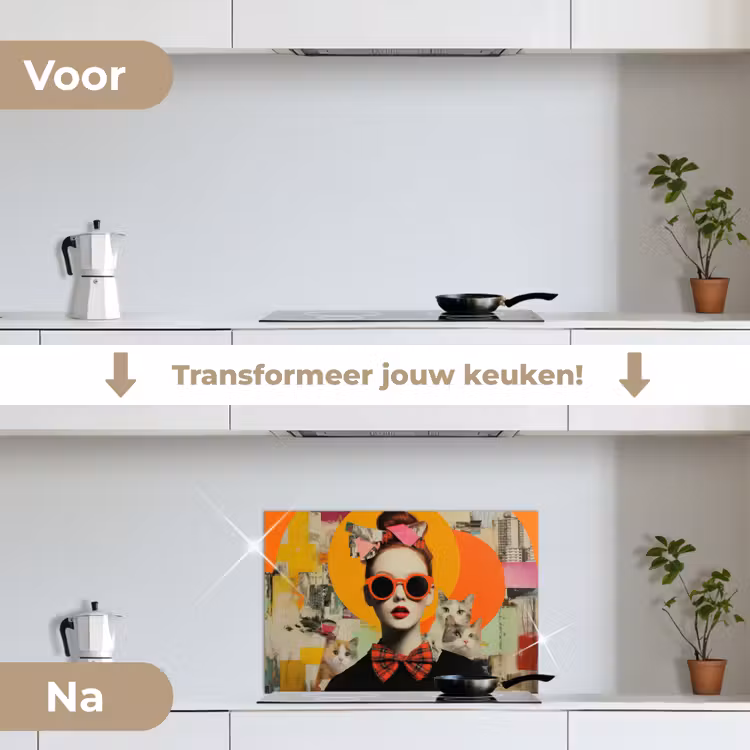 Vrouw - Bril - Strik - Retro keuken achterwand spatscherm klein -voor_na_NL