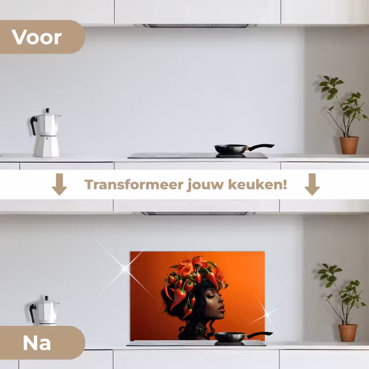 Vrouw - Chilipepers - Pepers - Bloemen keuken achterwand spatscherm klein -voor_na_NL
