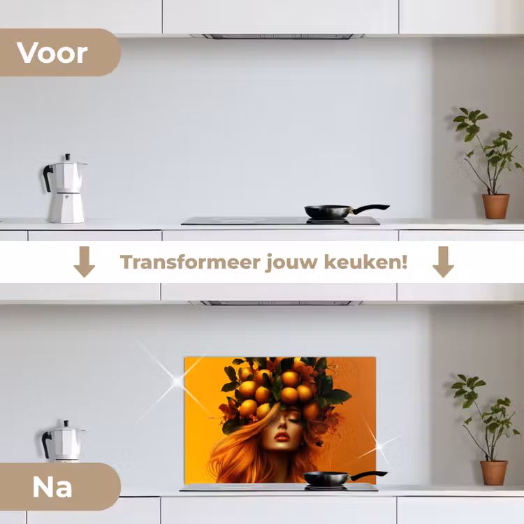 Vrouw - Citroenen - Bloesem - Geel keuken achterwand spatscherm klein -voor_na_NL