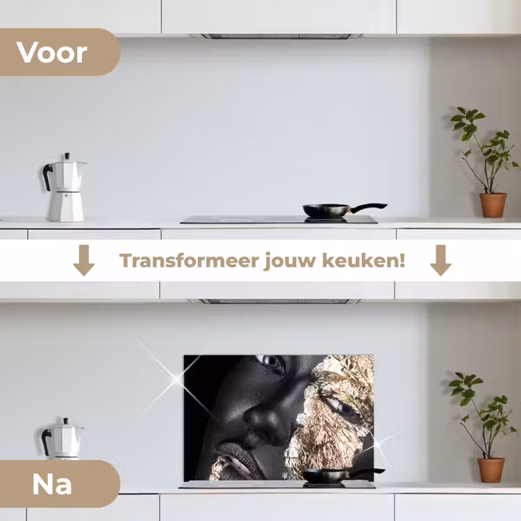 Vrouw - Goud - Zwart - Verf - Luxe keuken achterwand spatscherm klein -voor_na_NL