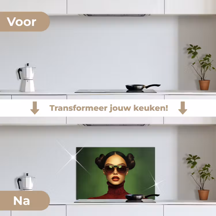 Vrouw - Groen - Bril - Aesthetic - Modern keuken achterwand spatscherm klein -voor_na_NL