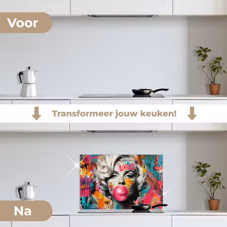 Vrouw - Kauwgom - Graffiti - Neonkleuren keuken achterwand spatscherm klein -voor_na_NL