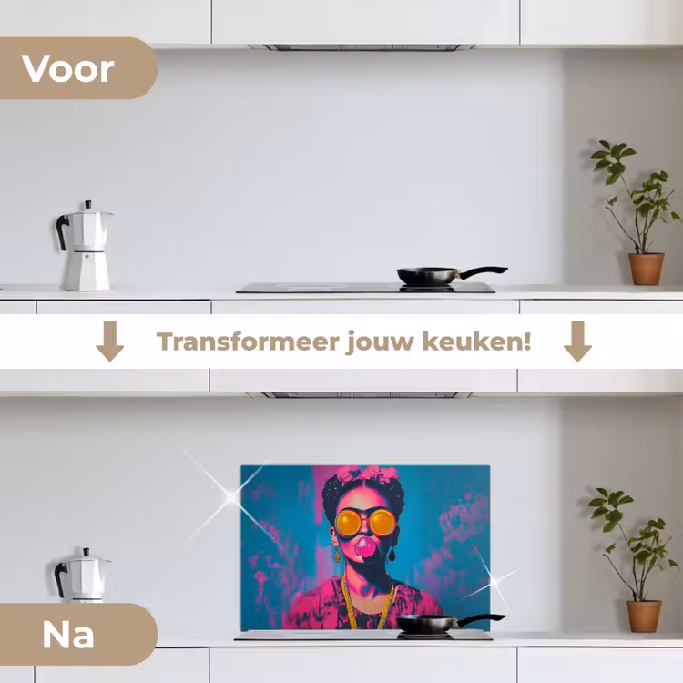Vrouw - Kauwgom - Zonnebril - Oranje keuken achterwand spatscherm klein -voor_na_NL