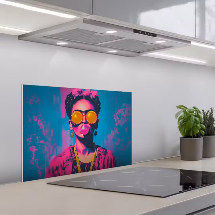 Vrouw - Kauwgom - Zonnebril - Oranje keuken achterwand spatscherm klein -3d_schuin