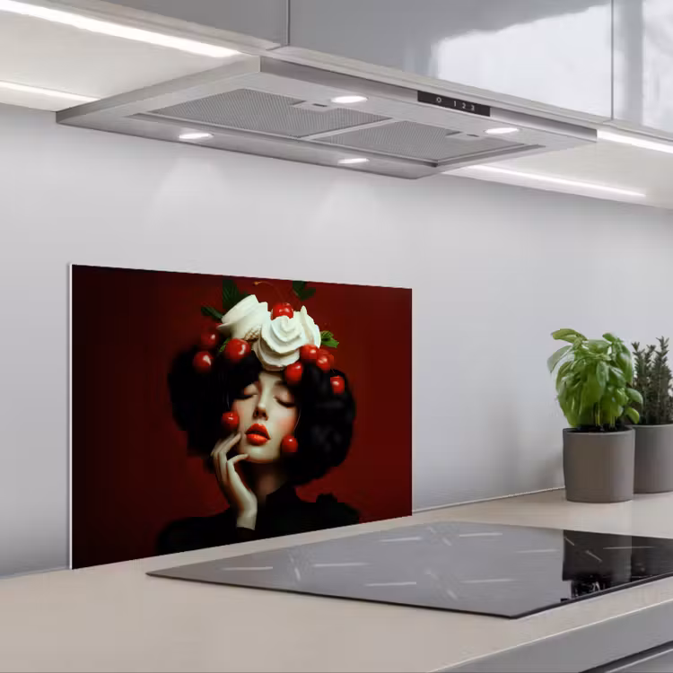 Vrouw - Kersen - Slagroom keuken achterwand spatscherm klein -3d_schuin