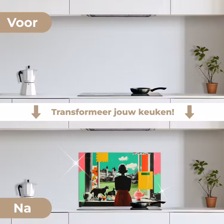 Vrouw - Keuken - Katten - Doorkijk keuken achterwand spatscherm klein -voor_na_NL