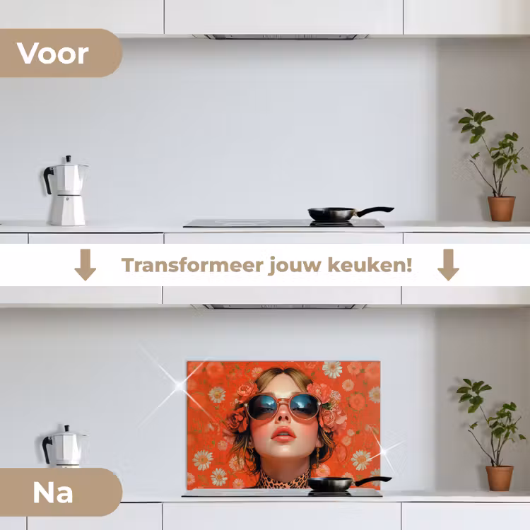 Vrouw - Kleurrijk - Dierenprint - Bloemen keuken achterwand spatscherm klein -voor_na_NL