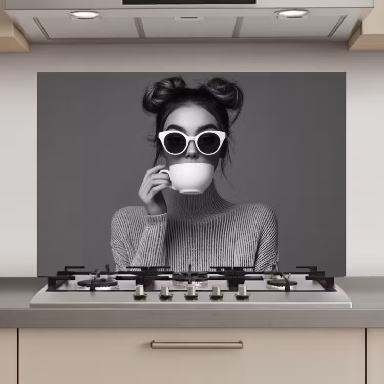Vrouw - Koffie - Zwart - Wit keuken achterwand spatscherm klein -3d_website