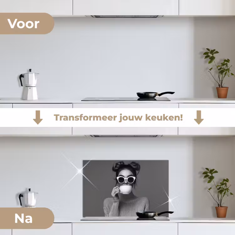 Vrouw - Koffie - Zwart - Wit keuken achterwand spatscherm klein -voor_na_NL