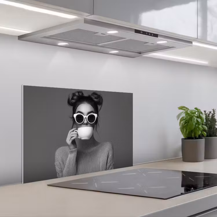 Vrouw - Koffie - Zwart - Wit keuken achterwand spatscherm klein -3d_schuin