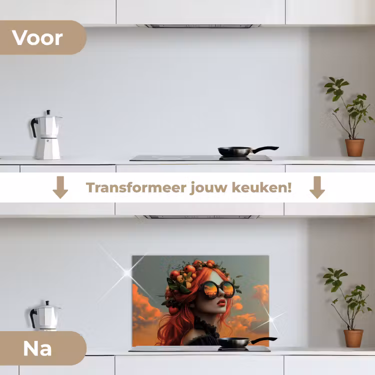 Vrouw - Kroon - Tomaat - Bascilicum - Zonnebril keuken achterwand spatscherm klein -voor_na_NL