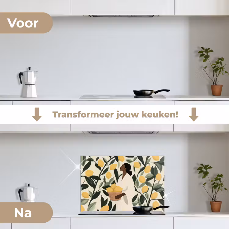 Vrouw - Mand - Citroenen - Bladeren keuken achterwand spatscherm klein -voor_na_NL