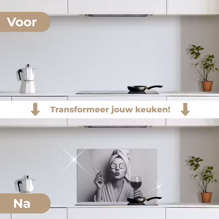 Vrouw - Masker - Wijn - Sigaret keuken achterwand spatscherm klein -voor_na_NL