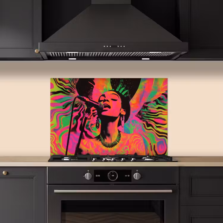 Vrouw - Microfoon - Neon keuken achterwand spatscherm klein -sfeer1