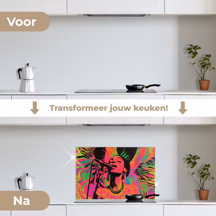 Vrouw - Microfoon - Neon keuken achterwand spatscherm klein -voor_na_NL