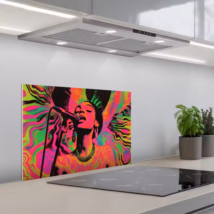 Vrouw - Microfoon - Neon keuken achterwand spatscherm klein -3d_schuin