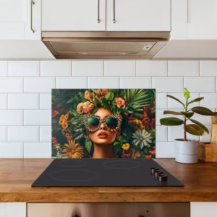 Vrouw - Panterprint - Jungle - Natuur - Luxe keuken achterwand spatscherm klein -sfeer2
