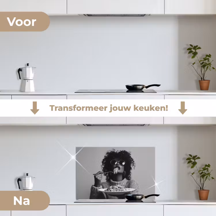 Vrouw - Pasta - Zwart - Wit keuken achterwand spatscherm klein -voor_na_NL