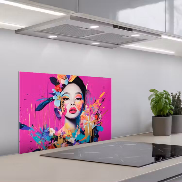 Vrouw - Portret - Abstract - Paars keuken achterwand spatscherm klein -3d_schuin