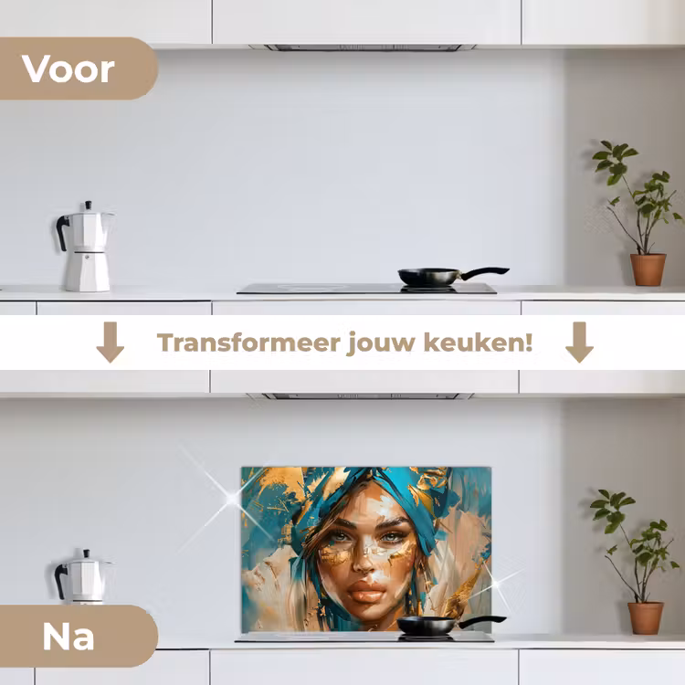 Vrouw - Portret - Goud - Luxe - Blauw keuken achterwand spatscherm klein -voor_na_NL