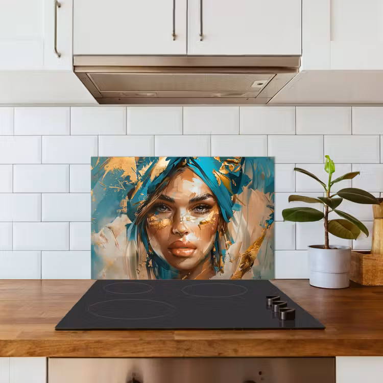 Vrouw - Portret - Goud - Luxe - Blauw keuken achterwand spatscherm klein -sfeer2