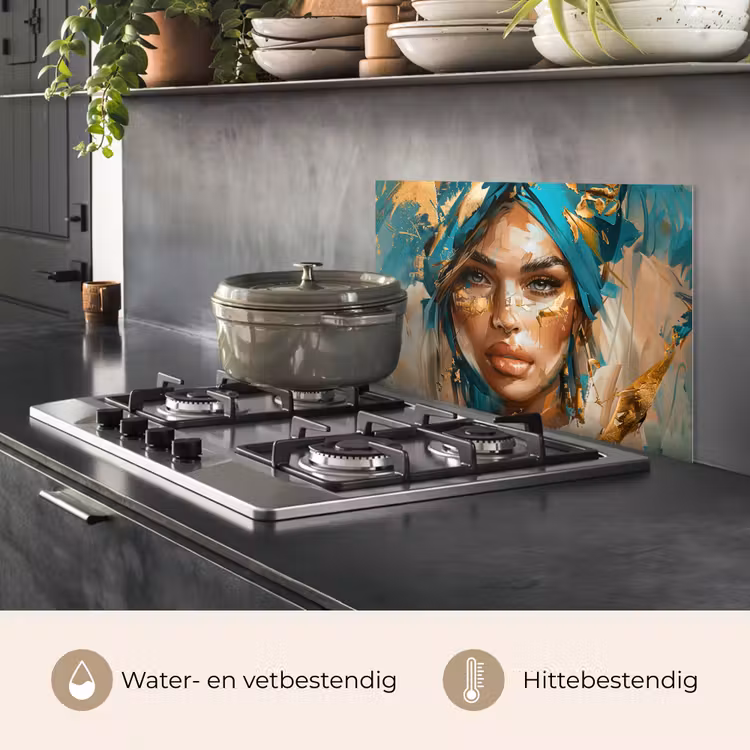 Vrouw - Portret - Goud - Luxe - Blauw keuken achterwand spatscherm klein -usp_NL