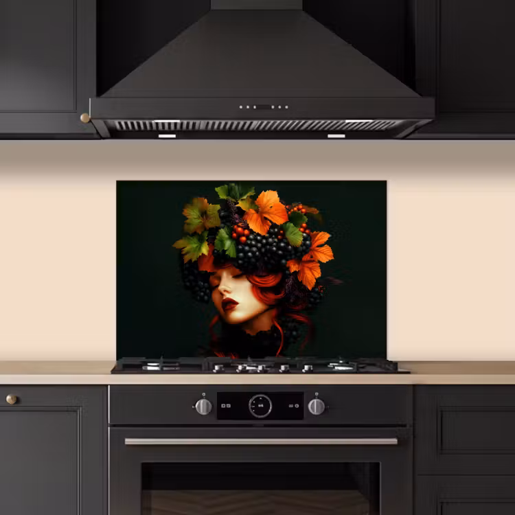 Vrouw - Rood - Groen - Druiven keuken achterwand spatscherm klein -sfeer1