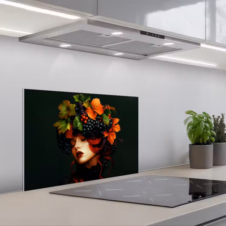 Vrouw - Rood - Groen - Druiven keuken achterwand spatscherm klein -3d_schuin