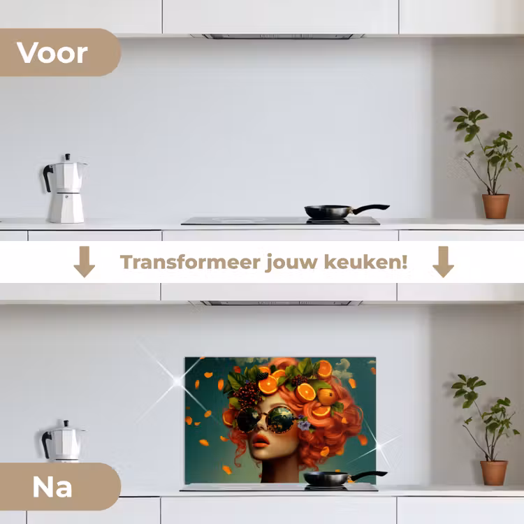 Vrouw - Sinaasappel - Bessen - Oranje keuken achterwand spatscherm klein -voor_na_NL