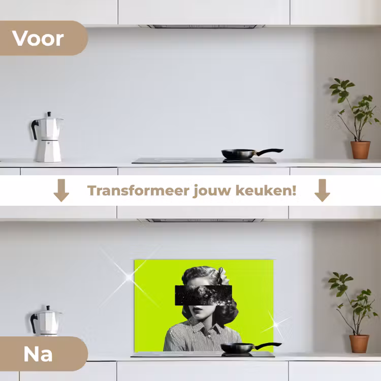 Vrouw - Sterrenhemel - Groen keuken achterwand spatscherm klein -voor_na_NL