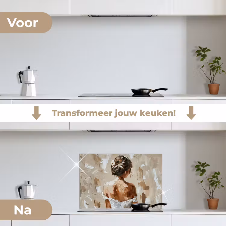 Vrouw - Verf - Abstract - Beige - Modern keuken achterwand spatscherm klein -voor_na_NL