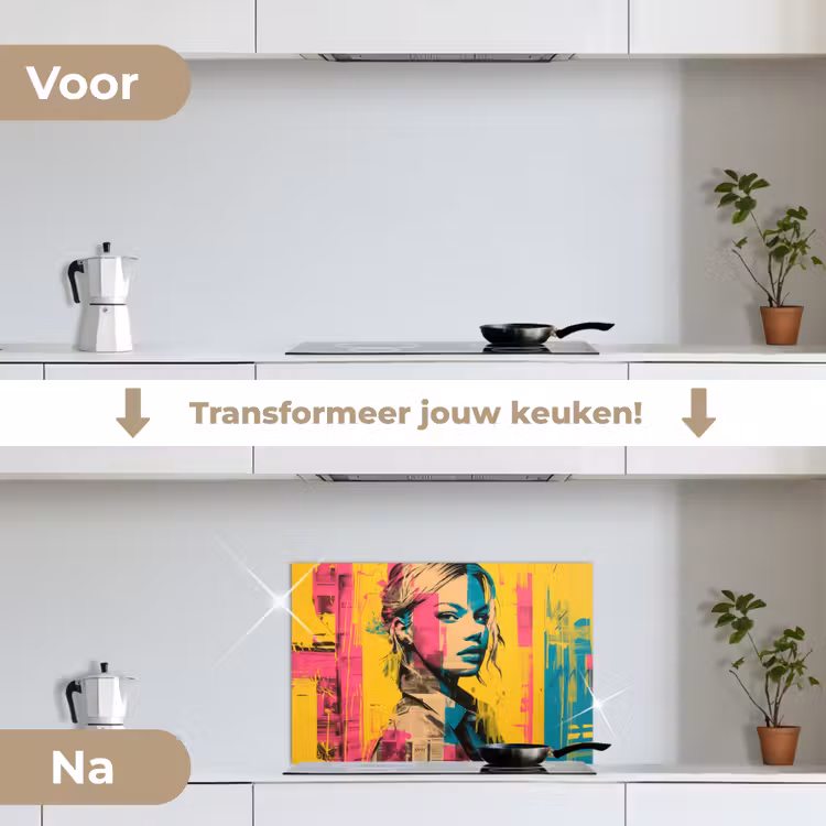 Vrouw - Verfstrepen - Gekleurd keuken achterwand spatscherm klein -voor_na_NL