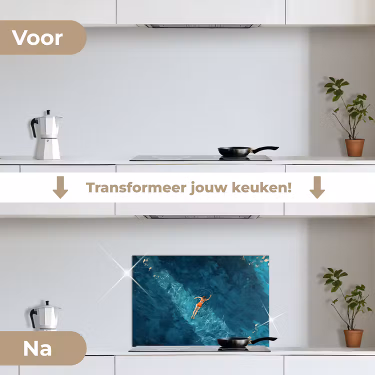 Vrouw - Water - Bikini - Oranje keuken achterwand spatscherm klein -voor_na_NL