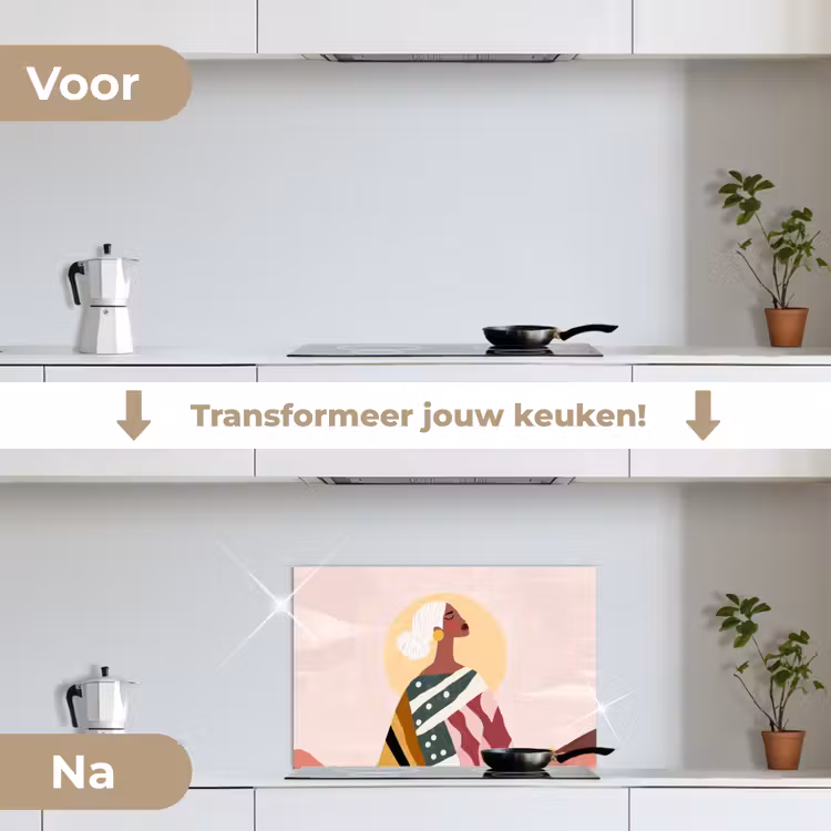 Vrouw - Zon - Kleurrijk keuken achterwand spatscherm klein -voor_na_NL