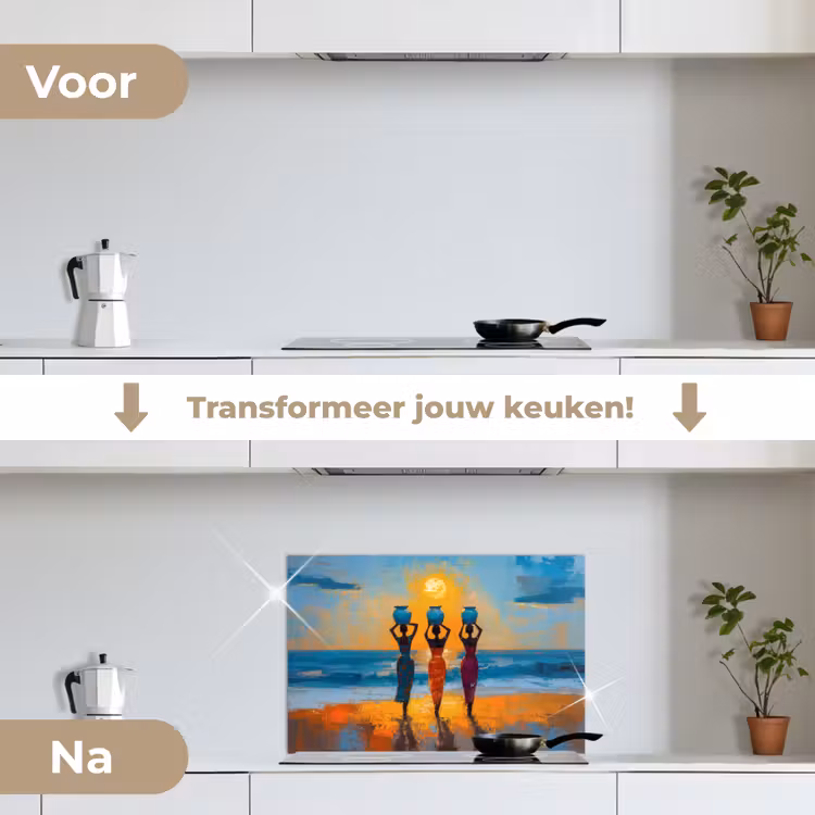 Vrouwen - Strand - Zondsondergang keuken achterwand spatscherm klein -voor_na_NL