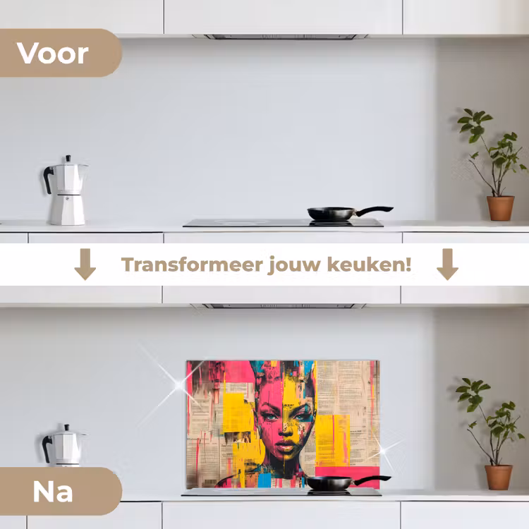 Vrouwengezicht - Krantenpapier - Abstract - Roze keuken achterwand spatscherm klein -voor_na_NL