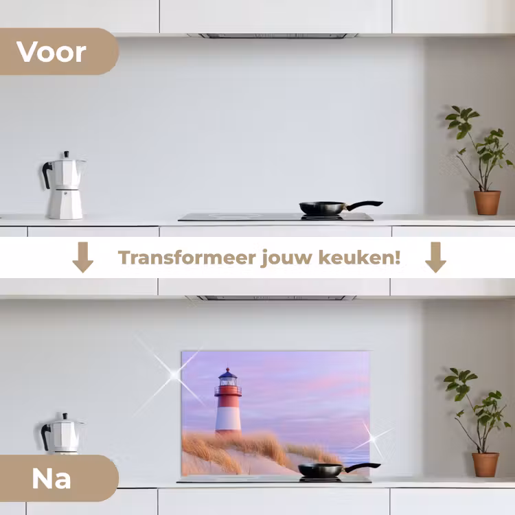 Vuurtoren - Duinen - Zonsondergang keuken achterwand spatscherm klein -voor_na_NL