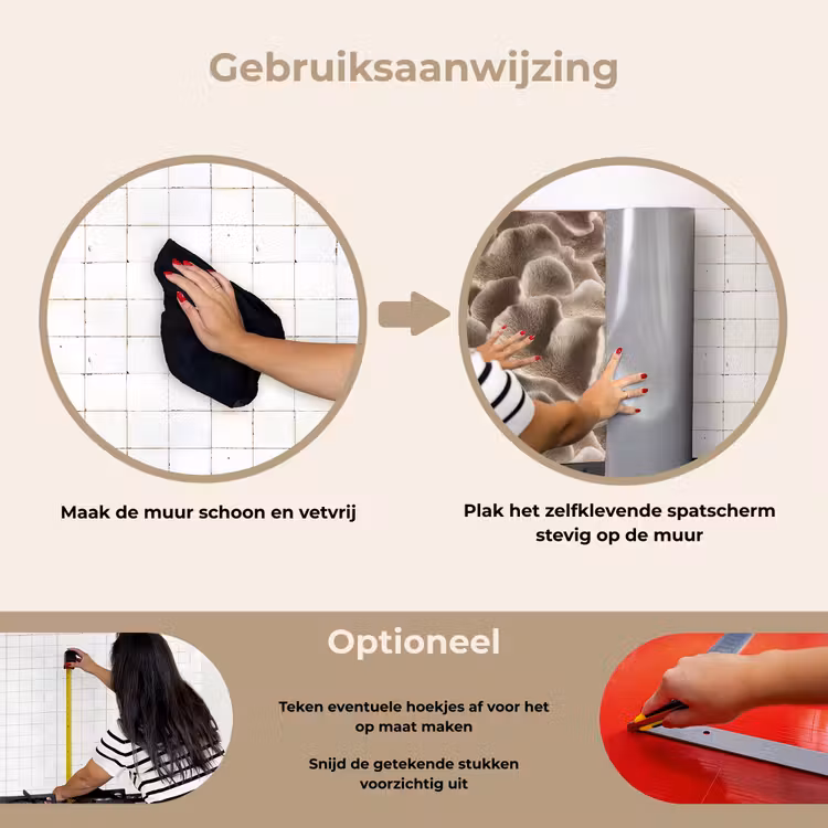Waaiervorm - Beige - Vezel textuur keuken achterwand spatscherm klein 900 -gebruiksaanwijzing_NL