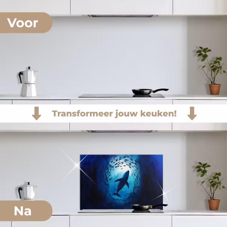 Walvis - Vissen - Donkerblauw keuken achterwand spatscherm klein -voor_na_NL