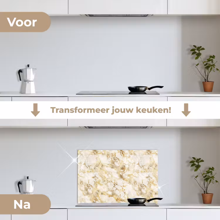 Warm - Gouden - Marmer - Patroon keuken achterwand spatscherm klein 900 -voor_na_NL