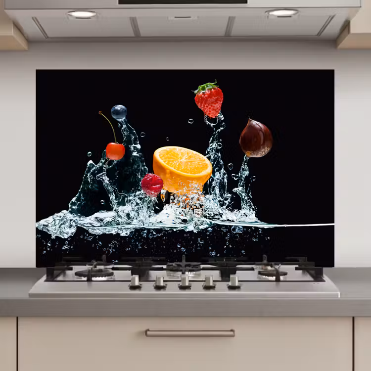 Water - Fruit - Sinaasappel - Aardbei - Kers - Zwart keuken achterwand spatscherm klein -3d_website