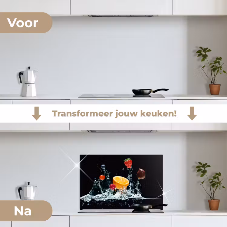 Water - Fruit - Sinaasappel - Aardbei - Kers - Zwart keuken achterwand spatscherm klein -voor_na_NL
