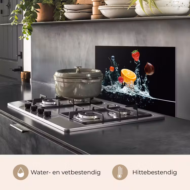 Water - Fruit - Sinaasappel - Aardbei - Kers - Zwart keuken achterwand spatscherm klein -usp_NL